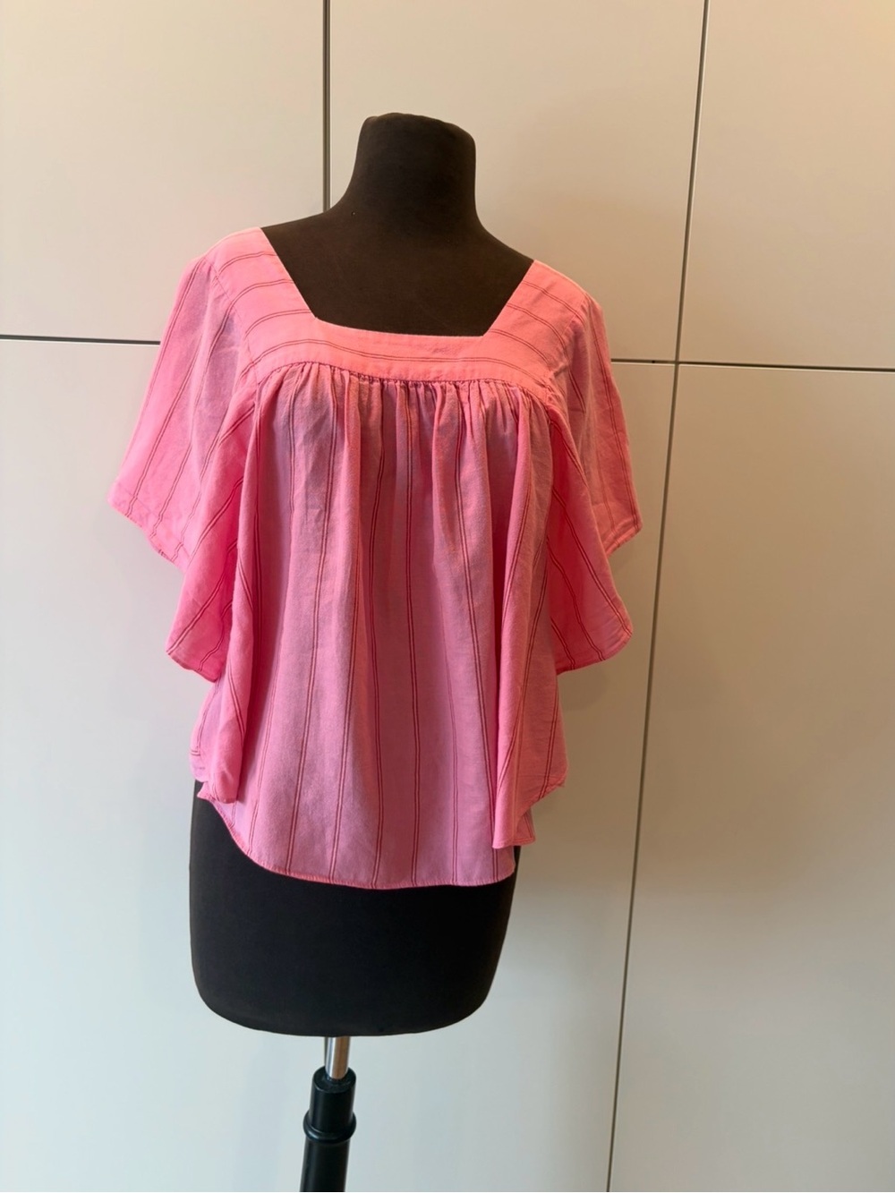 Madewell Pink Striped Square Neck Gathered Blouse Size L